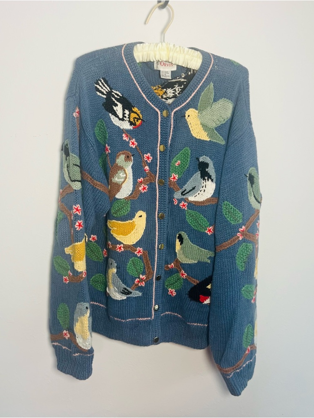 Orvis Blue Cardigan Sweater with Multicolor Bird Embroidery